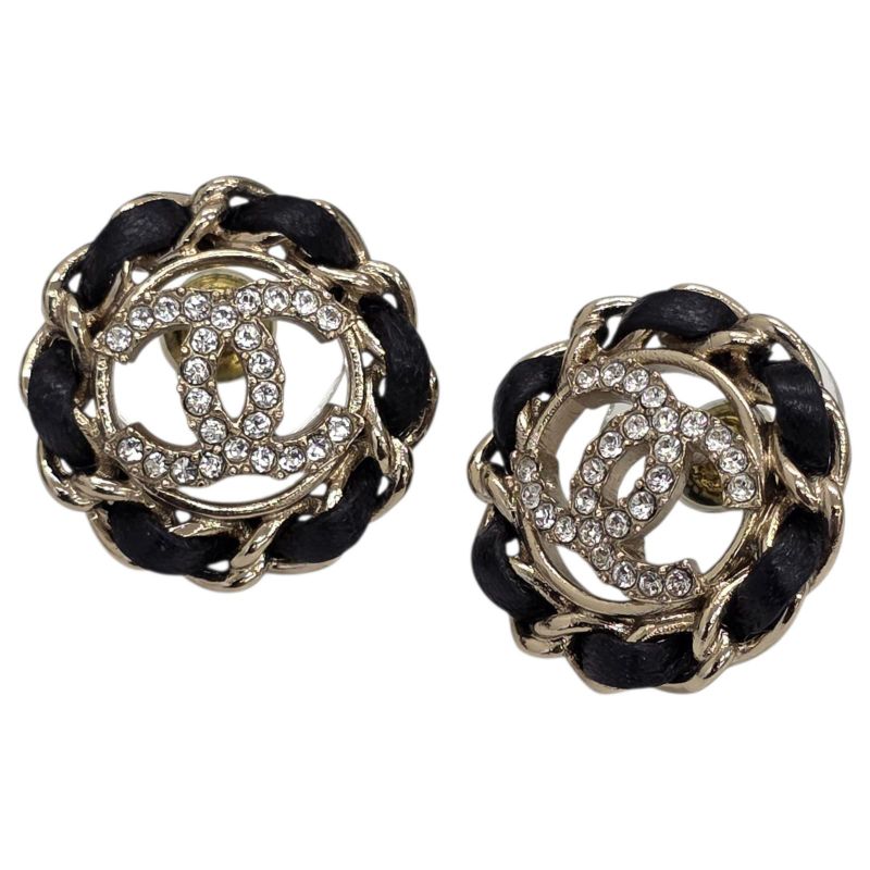 Chanel GP / Leather / Rhinestone Coco Mark Earrings