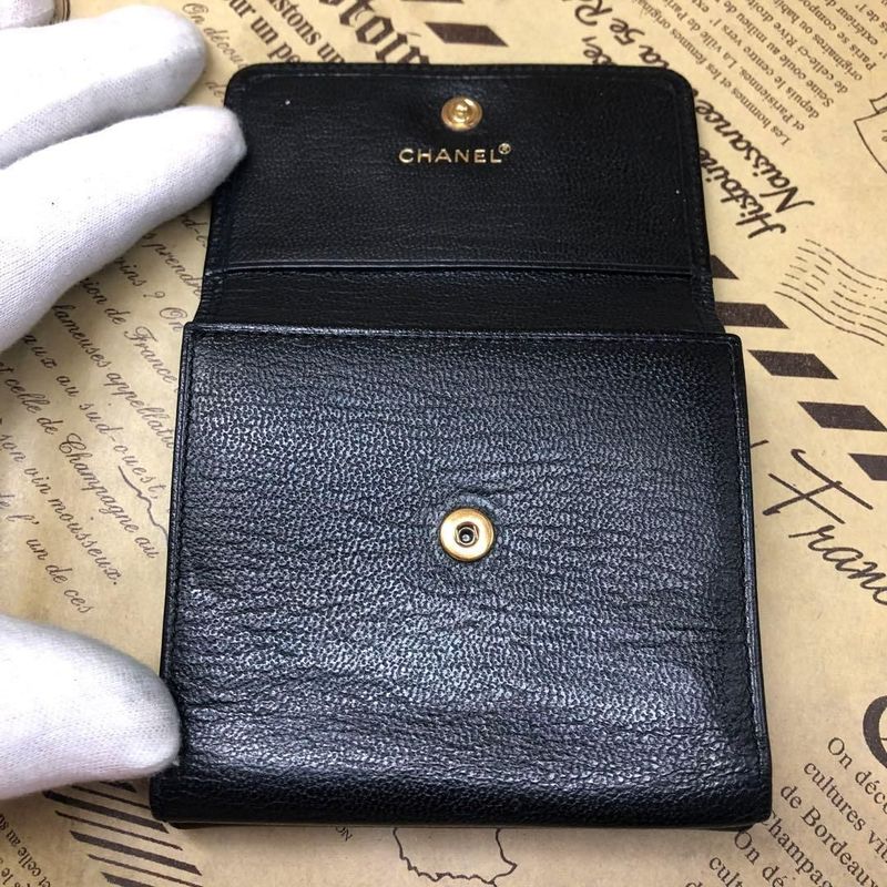 Chanel Trifold Wallet CC Logo Caviar Leather Black