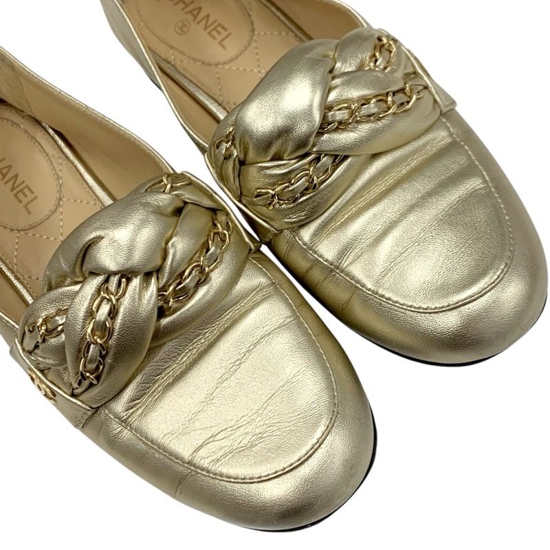 Chanel Loafers Shoes Leather Gold Flat Shoes Here Mark Chain
