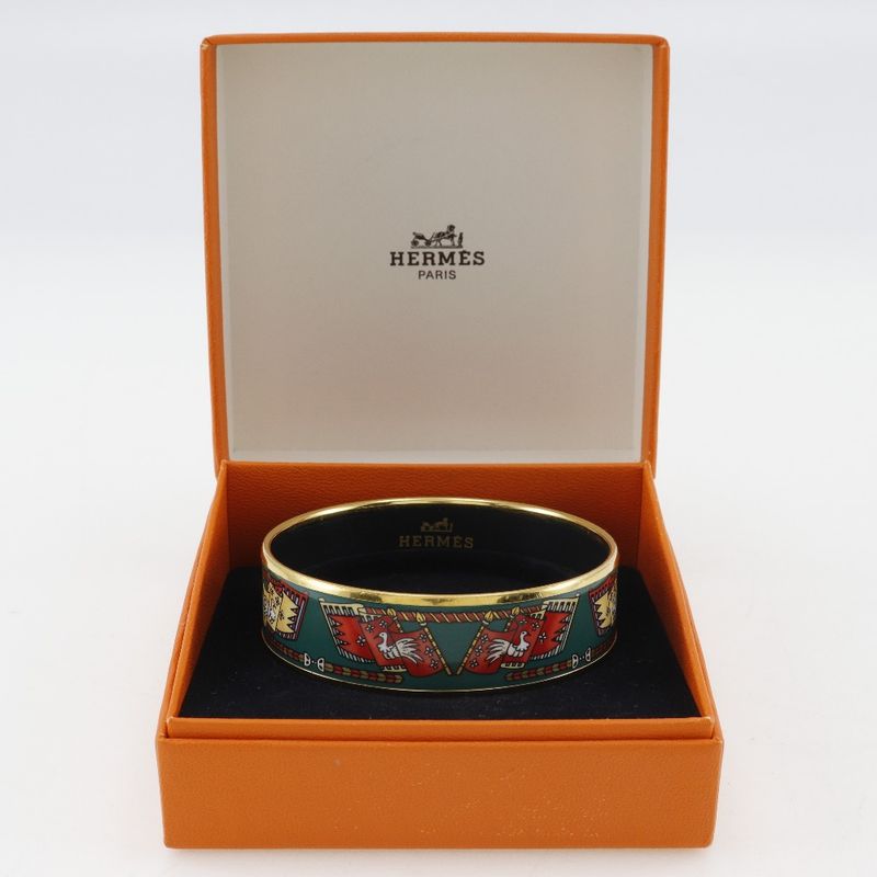 Hermes Emile GM Flag & Bird Cloisonne Gold Plated Green Ladies 35g Bangle
