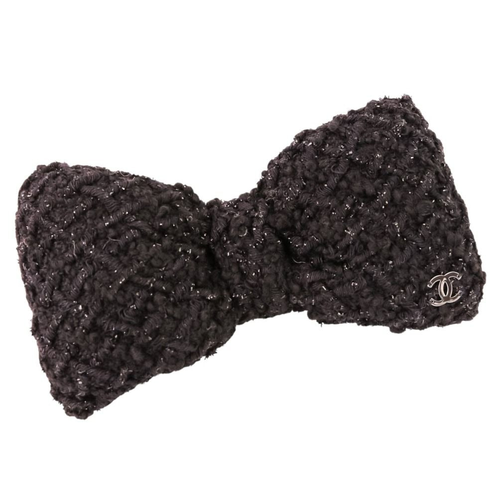 Chanel 22A CC Logo Ribbon Tweed Barrette Black
