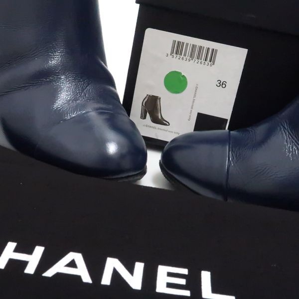 Chanel Short Boots 36 Side Gore Leather Navy Coco Mark Chanel