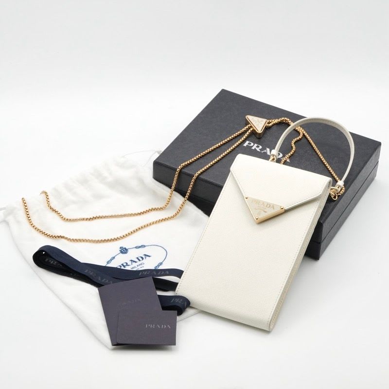 Prada Phone Accessory White Gold Saffiano Mini Bag Triangle Logo