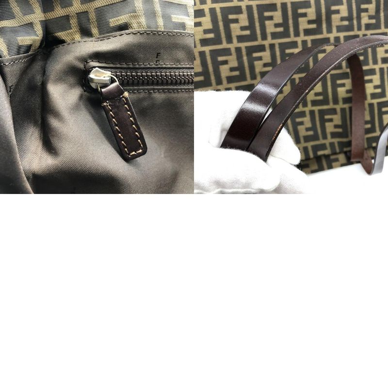 Fendi 71 15978 Tote Shopping Bag Zucca Nylon Canvas Vintage Leather Brown Khaki