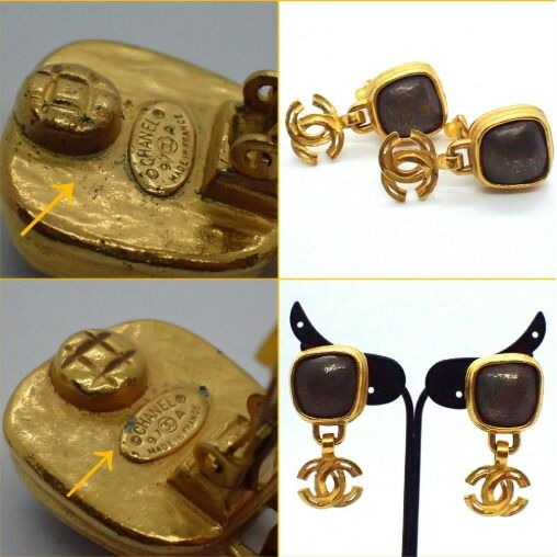 Chanel 97A Earrings Metal Gold Gray Stone Swing CC — view 5