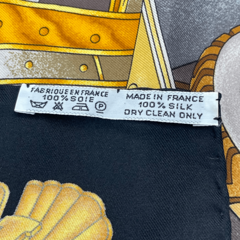 Hermes Carre 90 Automobile Black And Gold Scarf Silk