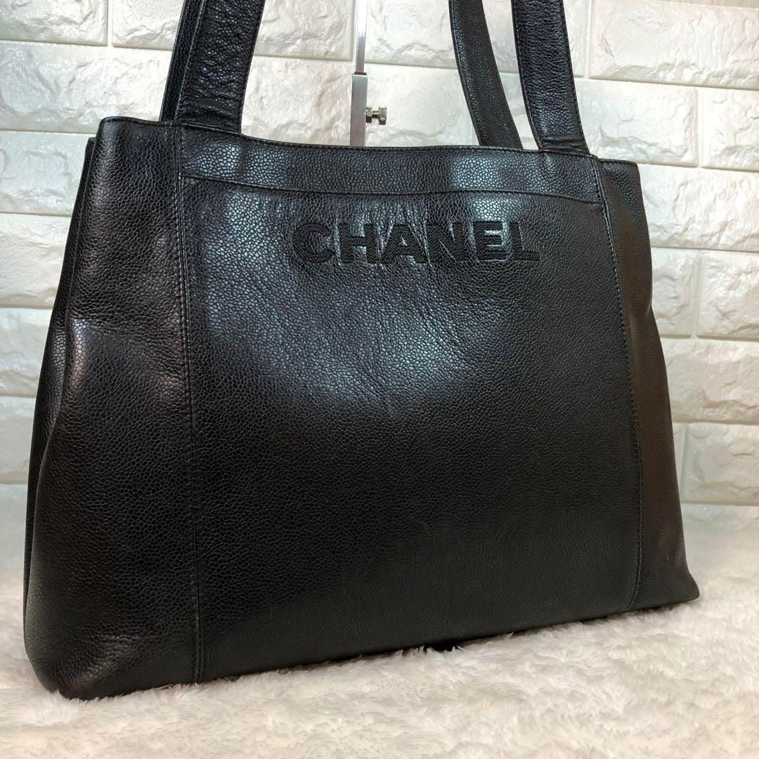 CHANEL CC Timeless Caviar Logo Shoulder Tote Bag Black Leather Purse
