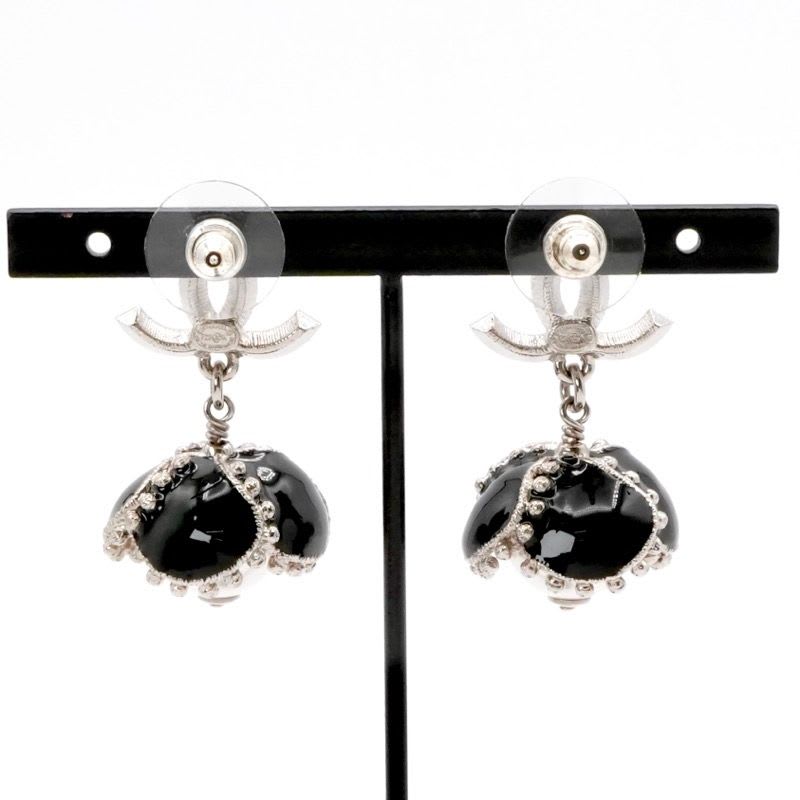 Chanel Earrings Silver Black Coco Mark Rhinestone Flower