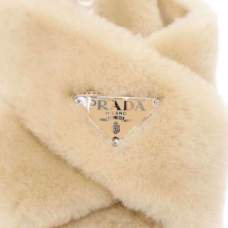 Prada Logo Plate Sheepskin Fur Sandals Beige 36
