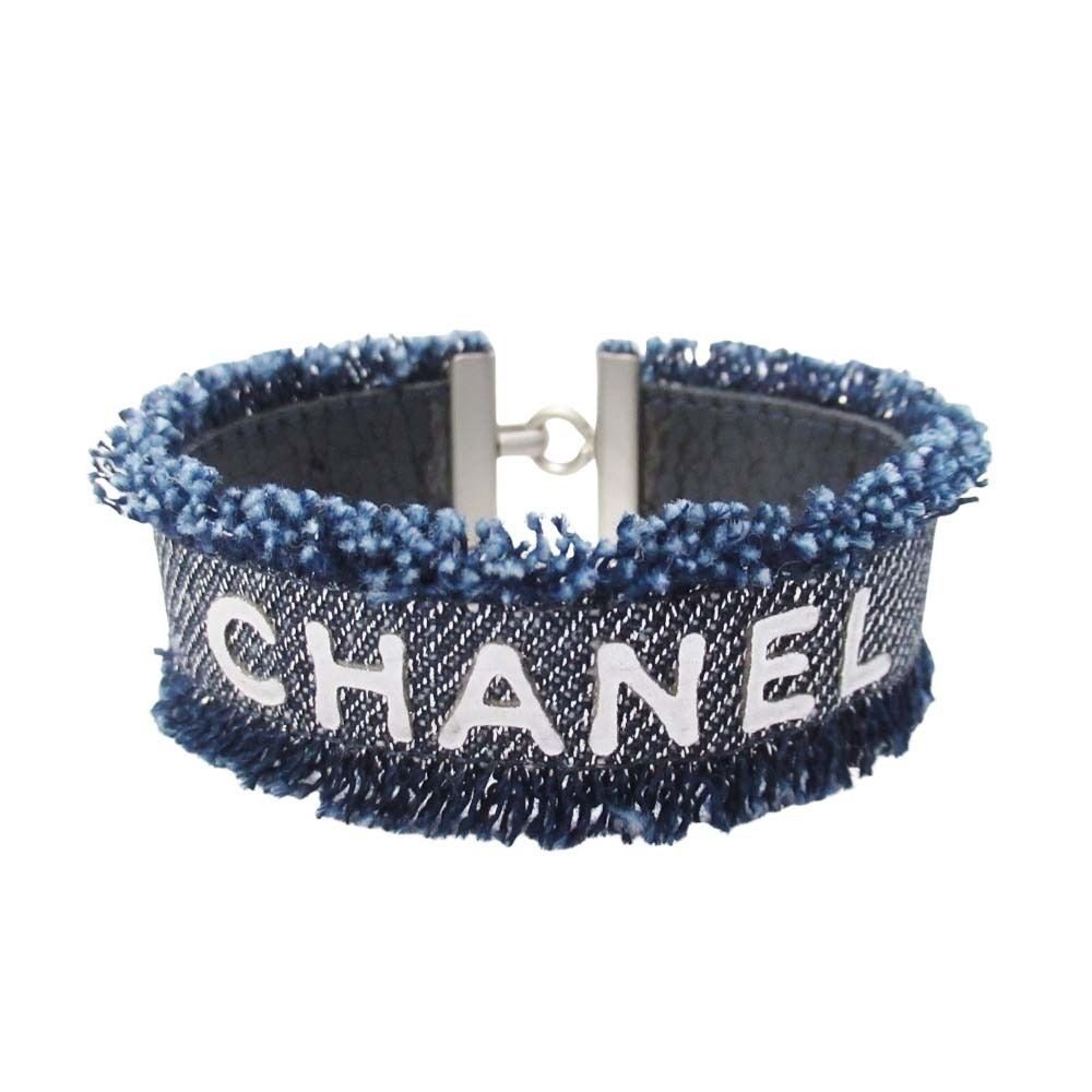 Chanel 01P Vintage Cutoff Denim Bracelet Logo Bangle Indigo Silver