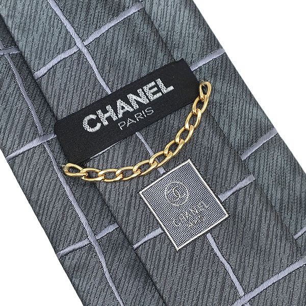 Chanel Necktie Plaid 9cm (3.54in) Silk Gray Silver