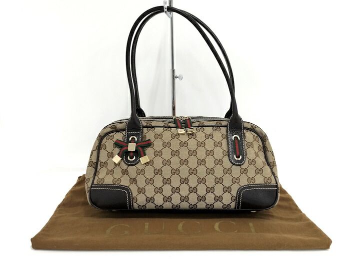 Gucci Shoulder Bag Sherry Line GG Canvas Leather Beige Dark Brown 161720