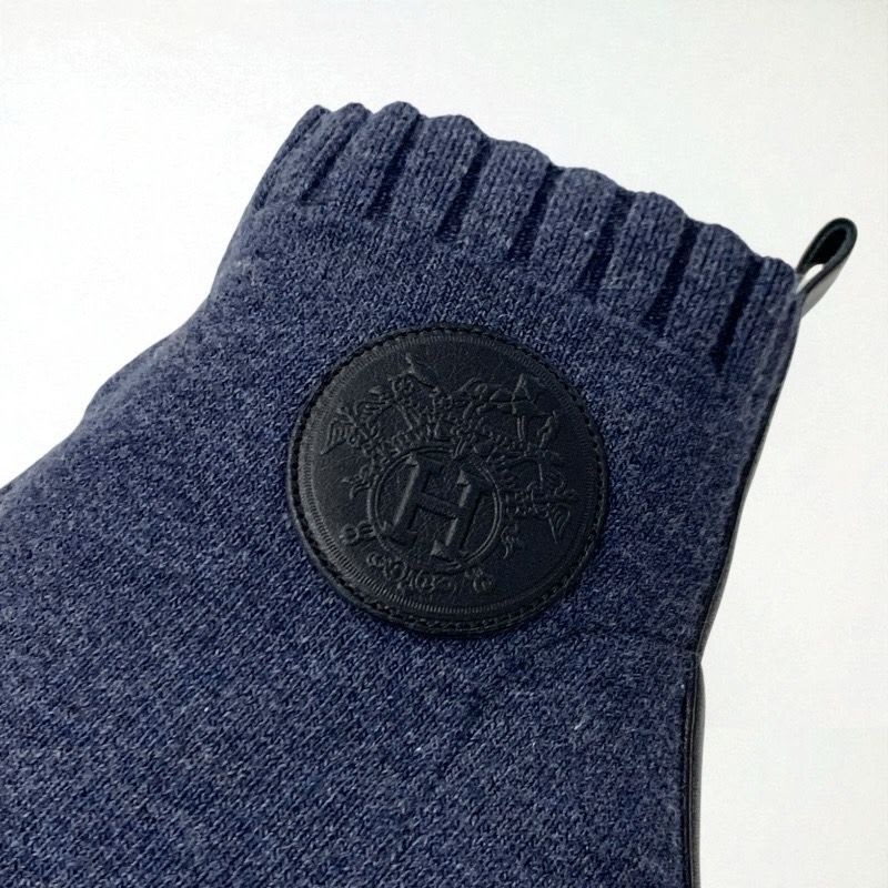 Hermes Volver Boots Short Shoes Knit Leather Blue Black Exlibris Sock