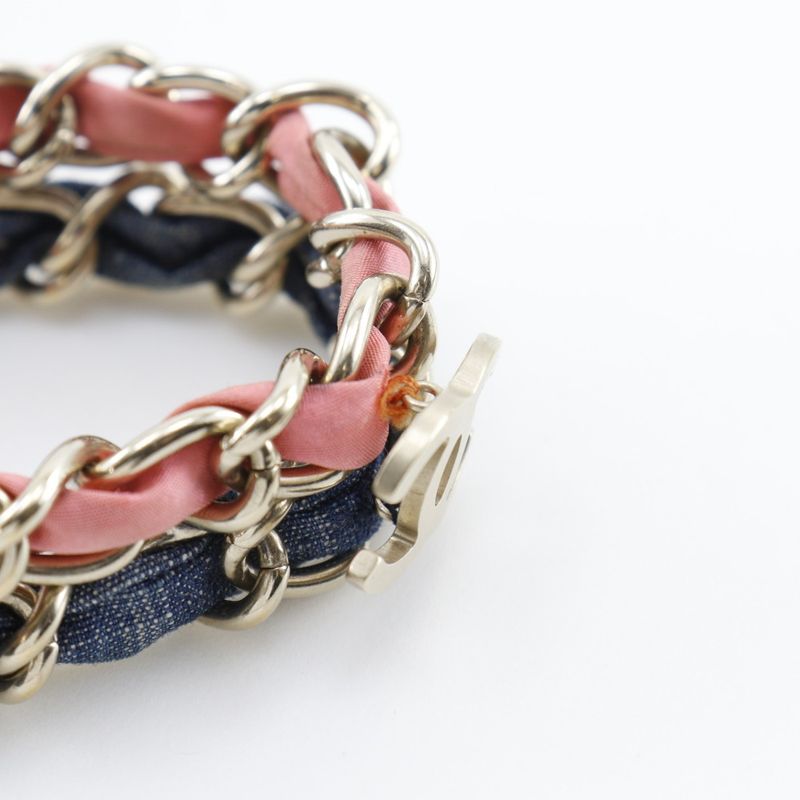 Chanel Coco Mark Chain 2 Rings Metal And Denim Silver Ladies 53g Bracelet