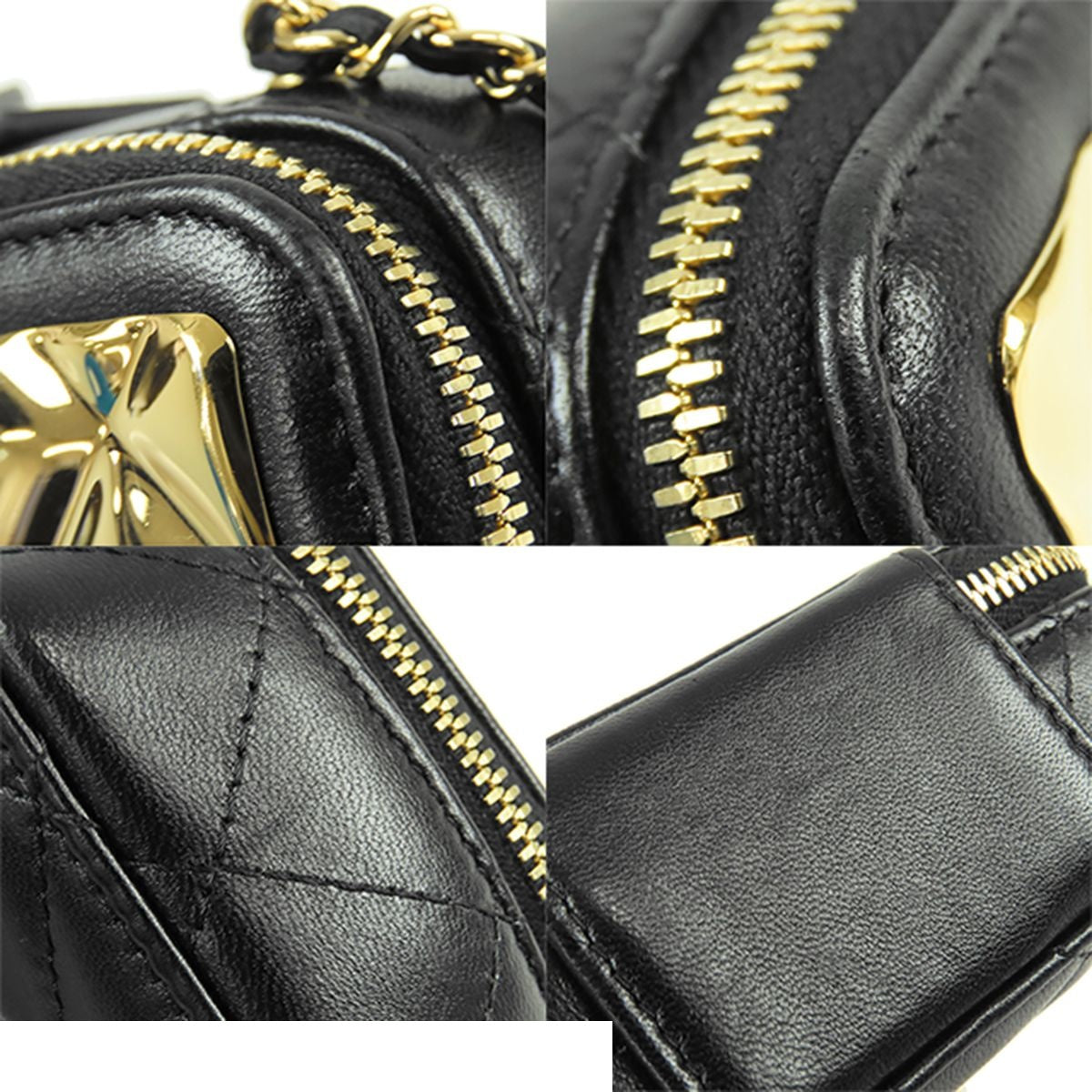 Chanel Vanity Case Black Gold Lambskin Mini Quilted Zip Around Chain — view 8