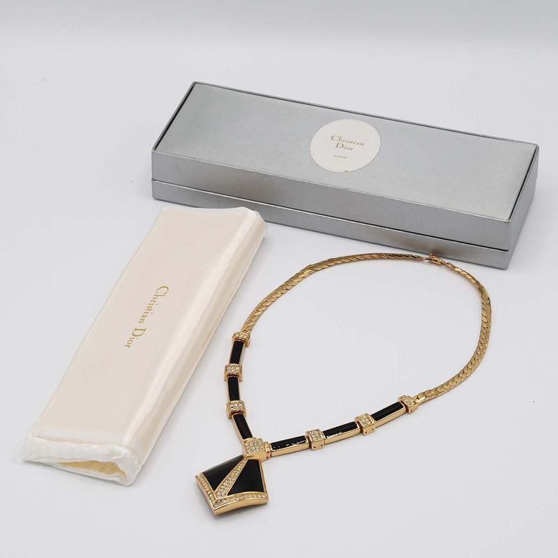 Christian DIOR Necklace Onyx Rhinestone Approx 61g Gold Color Accessories With