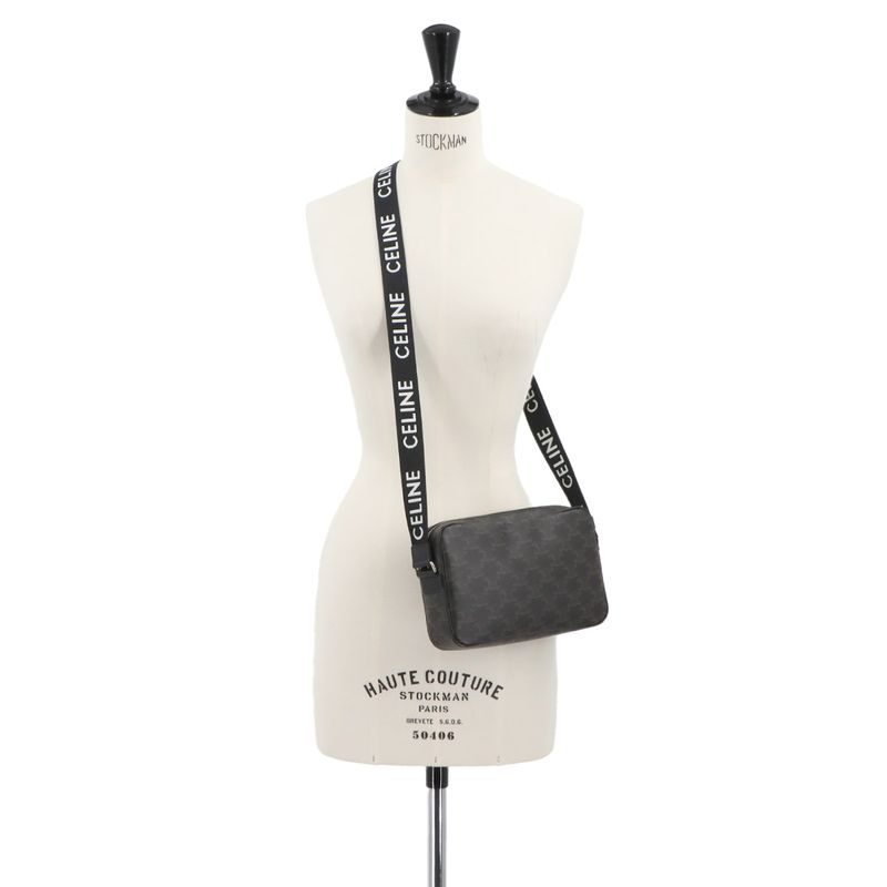 Celine Triomphe Medium Messenger Shoulder Bag PVC Leather Black Brown 197202dnd