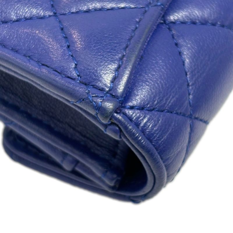 Chanel Card Case Business Holder Quilted CC Logo Lambskin Blue Silver