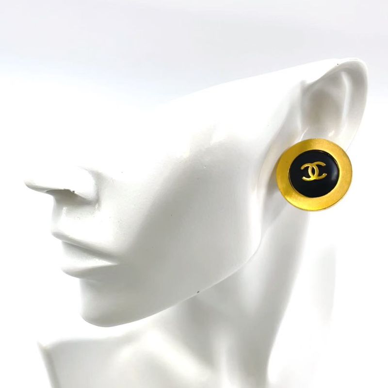 Chanel Round Coco Mark GP X Plastic Gold X Black Earrings