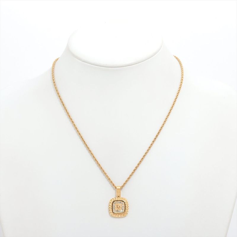 Christian DIOR Logo Necklace GP With Rhinestones Gold