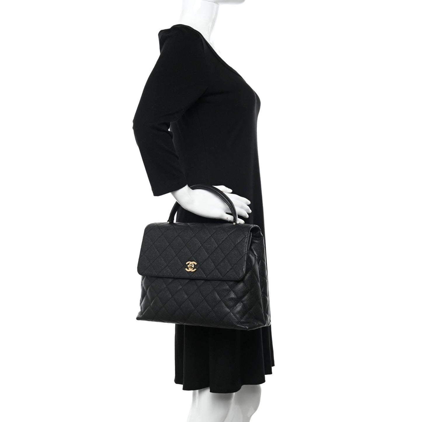 CHANEL 24K CC Caviar Vintage Kelly Quilted Flap Bag Black Purse Handle