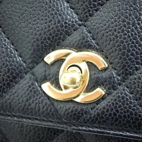 CHANEL 24K CC Caviar Vintage Kelly Quilted Flap Bag Black Purse Handle