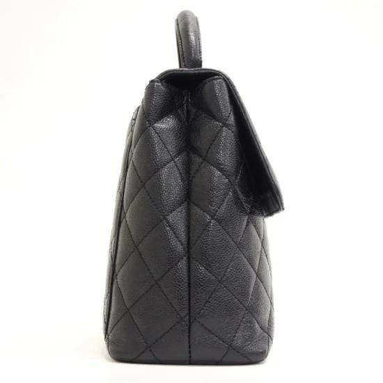 CHANEL 24K CC Caviar Vintage Kelly Quilted Flap Bag Black Purse Handle