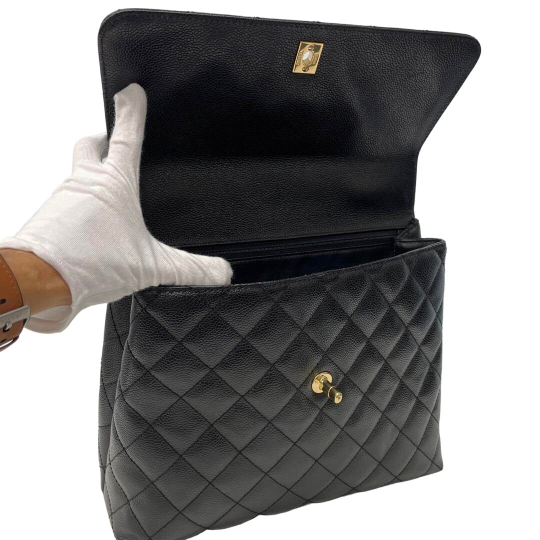 CHANEL 24K CC Caviar Vintage Kelly Quilted Flap Bag Black Purse Handle