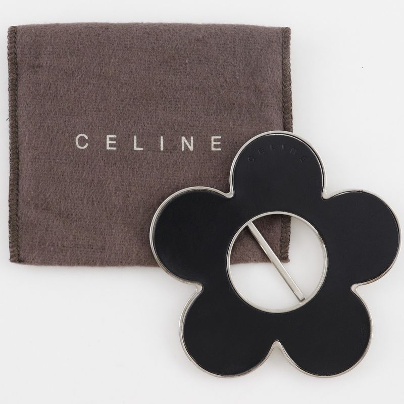 Celine Flower Metal And Leather Silver/black Women's Scarf Ring