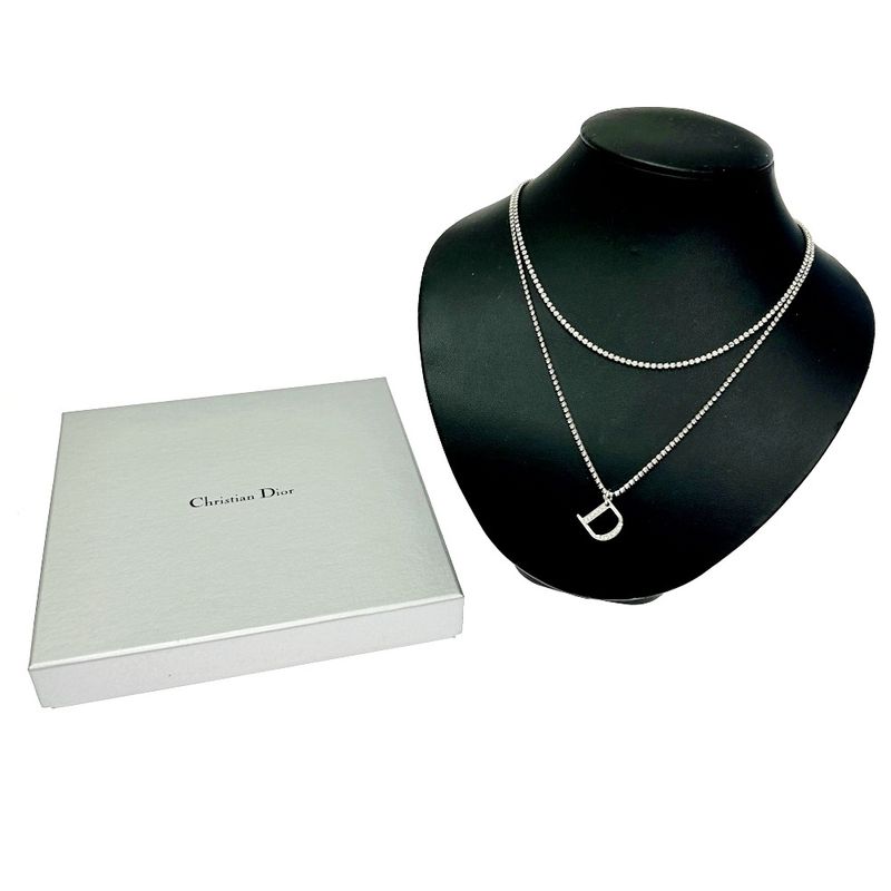Christian Dior Metal Rhinestone D Logo Necklace Women's Silver 348024 Necklace