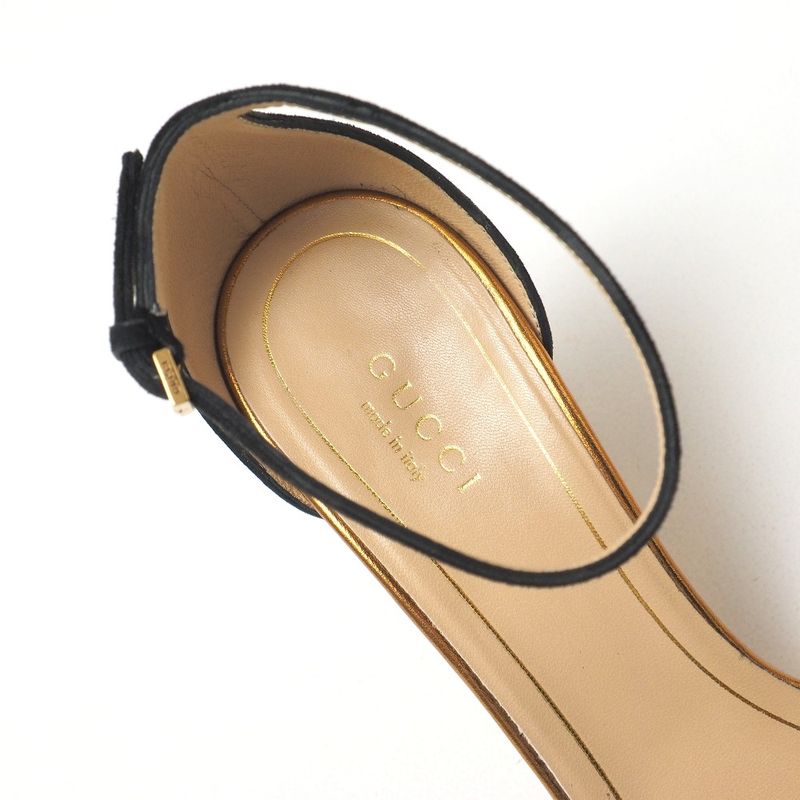 Gucci Sandals Size 37 Mirrored Wedge Sole Ankle Strap Suede Gold Black Shoes