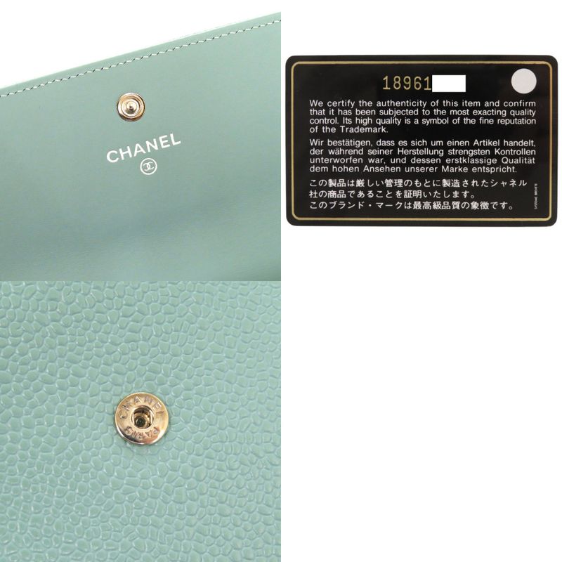 Chanel Coco Mark Caviar Skin No 18 Silver Hardware Mint Green Long Wallet 0330