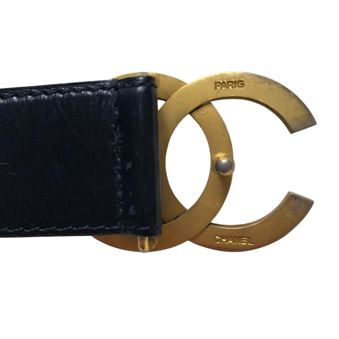 CHANEL Vintage CC Logo Black Leather Belt Gold Buckle