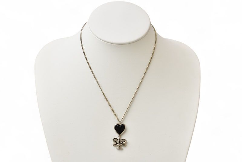 Chanel Necklace Pendant Chanel Coco CC Heart Ribbon Rhinestone Black Silver 05P
