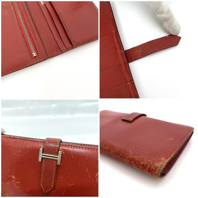Hermes Bifold Long Wallet Bearn Ec21287 Red Wallet Leather