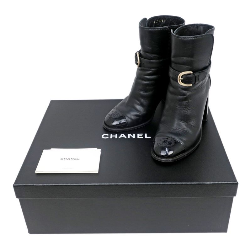 Chanel Ankle Boots 34 1 2C Black G38064 Leather Patent CC Mark Shoes