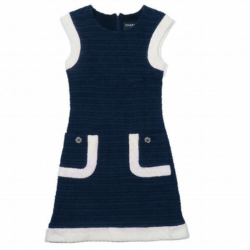 Authentic CHANEL CC 14SS Vintage Tweed Knit Short Dress Sleeveless Navy White 36 - The Reluxe