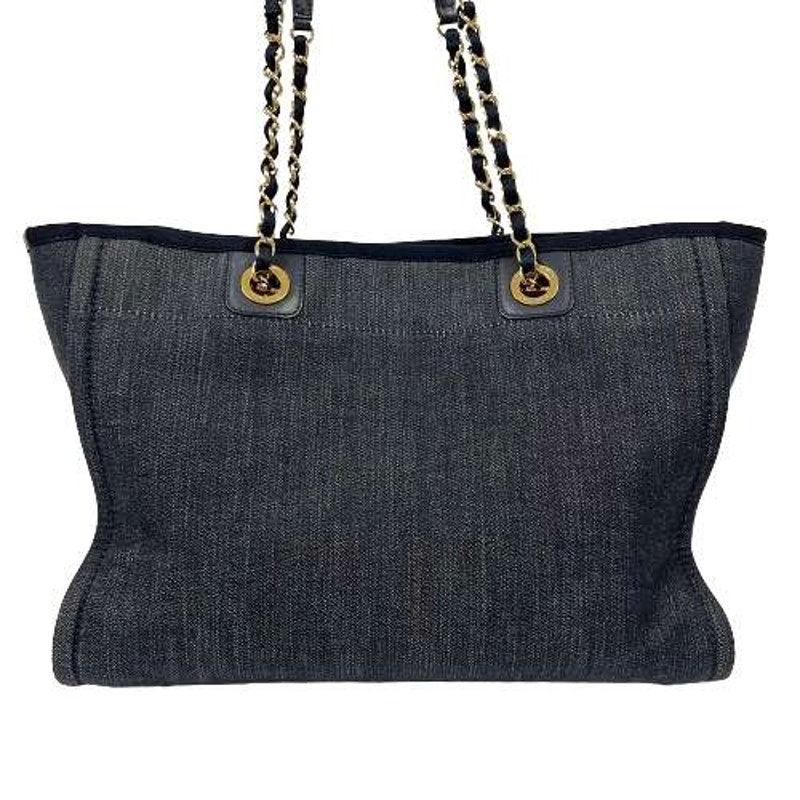 Authentic CHANEL CC Canvas MM Deauville Tote Beige Black Chain Shoulder Bag - The Reluxe