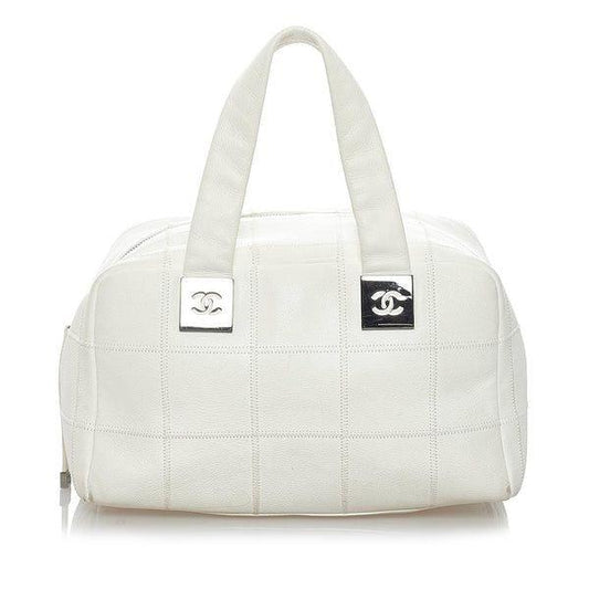 Authentic CHANEL CC Caviar Leather Boston Bag Bowler Shoulder Bag White Tote - The Reluxe