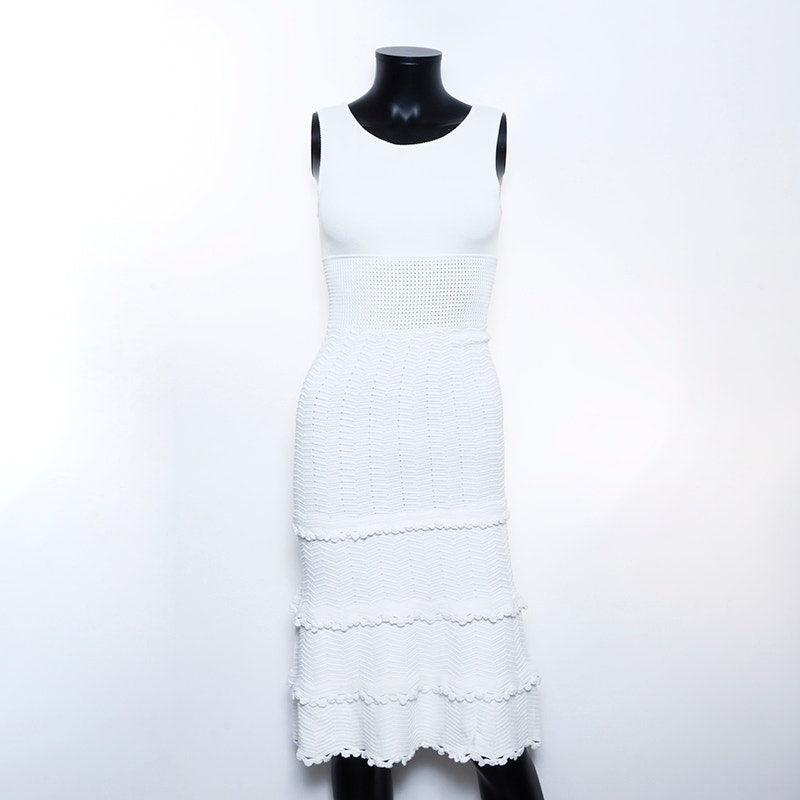 Authentic CHANEL CC Vintage White Ivory Cotton Long Dress Frills - The Reluxe