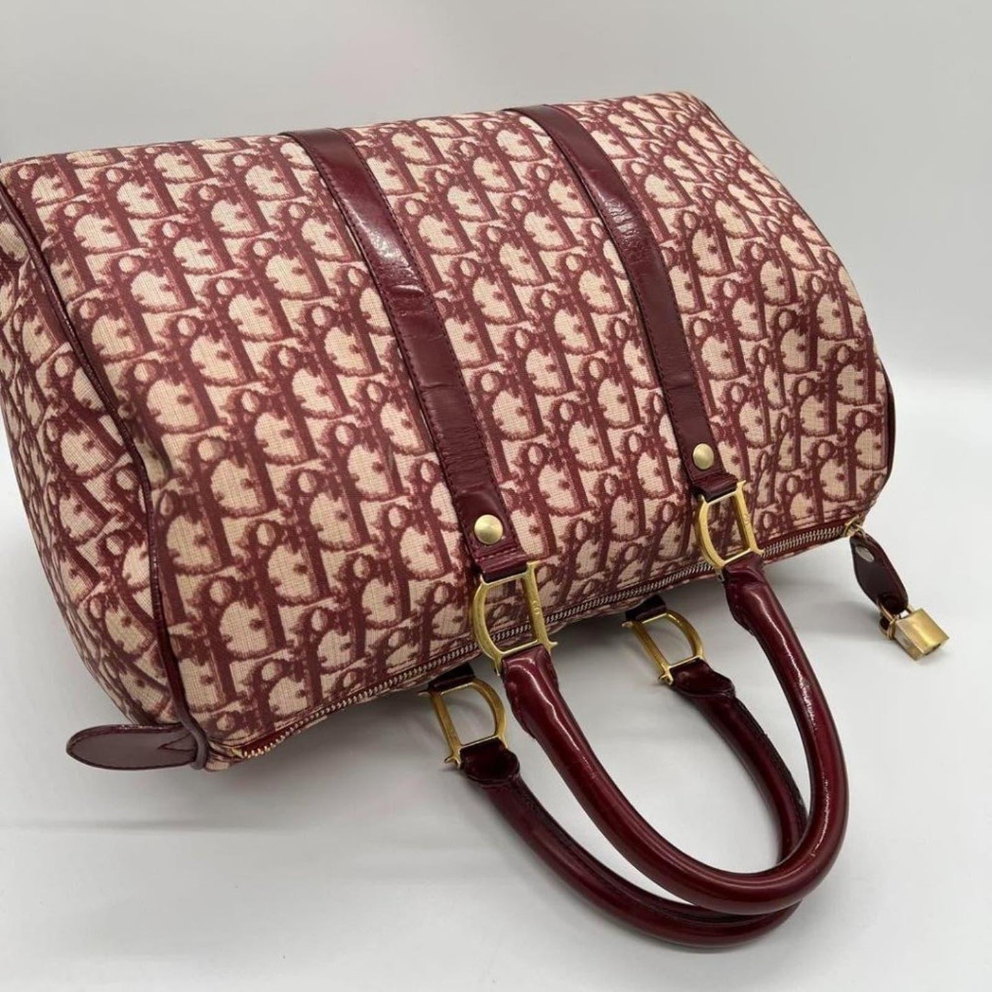 Authentic Dior Monogram Trotter Oblique Logo Boston Bag Duffle Travel Burgundy - The Reluxe