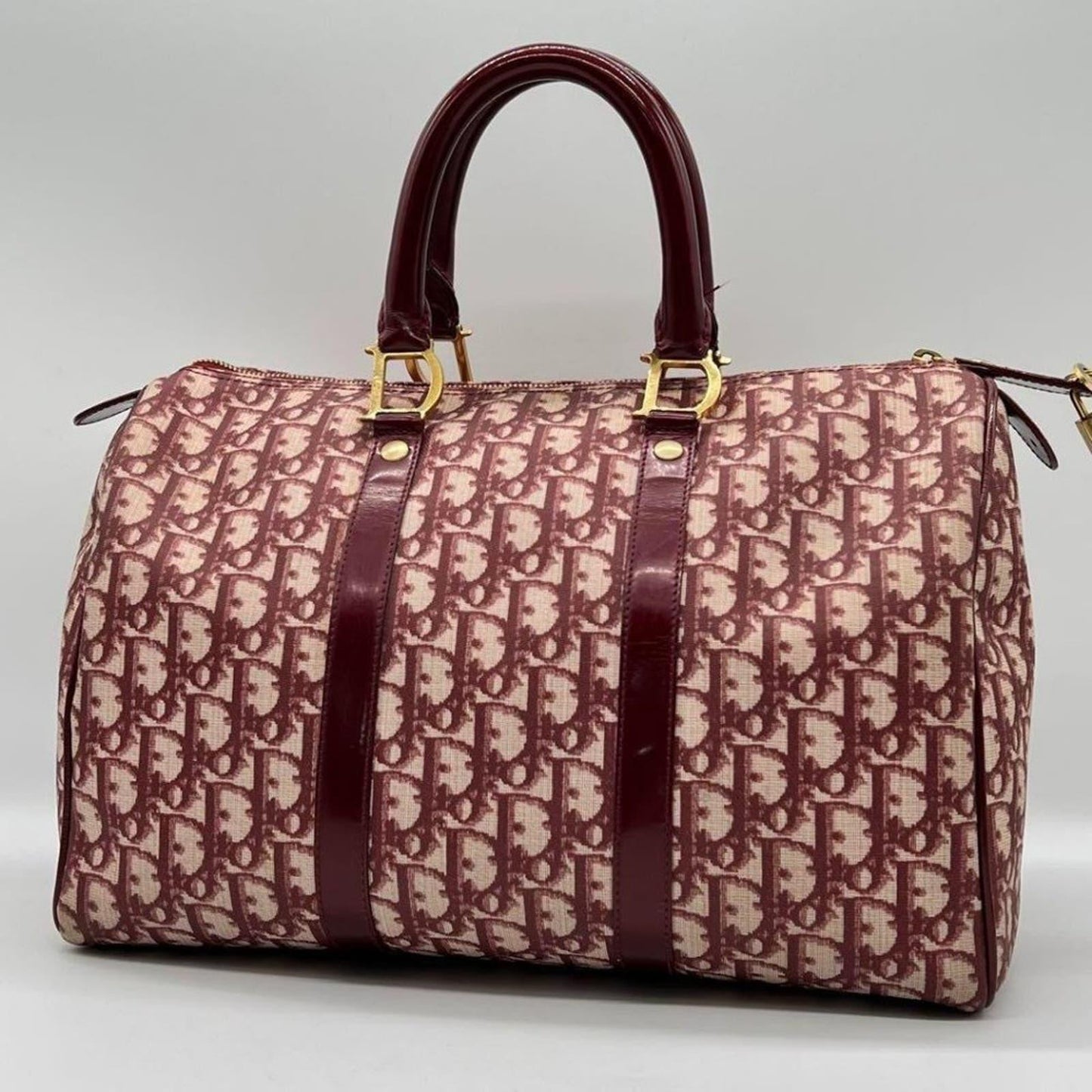 Authentic Dior Monogram Trotter Oblique Logo Boston Bag Duffle Travel Burgundy - The Reluxe