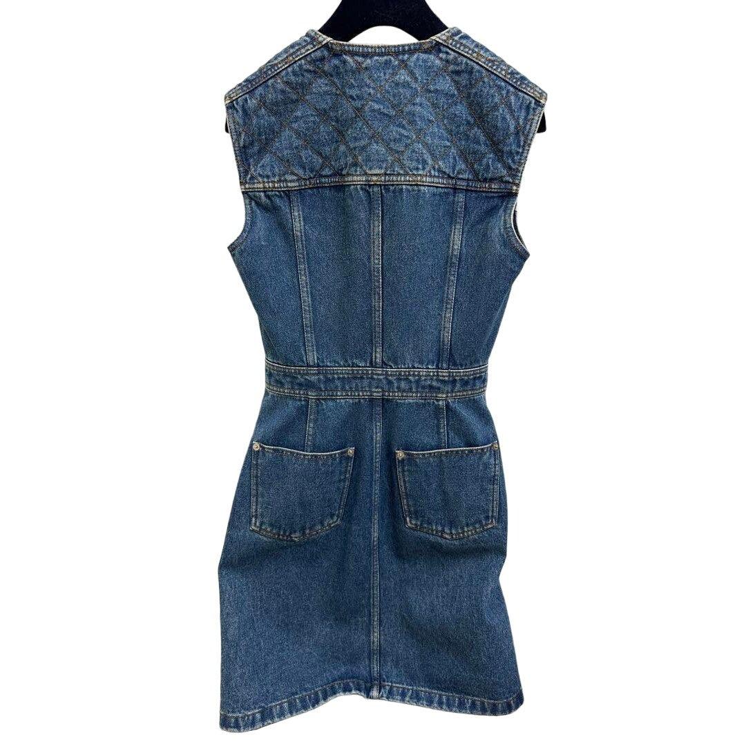 Authentic LOUIS VUITTON Denim Short Midi Dress Sleeveless Vintage Blue XS - The Reluxe