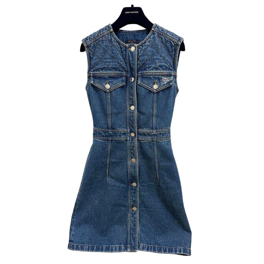Authentic LOUIS VUITTON Denim Short Midi Dress Sleeveless Vintage Blue XS - The Reluxe