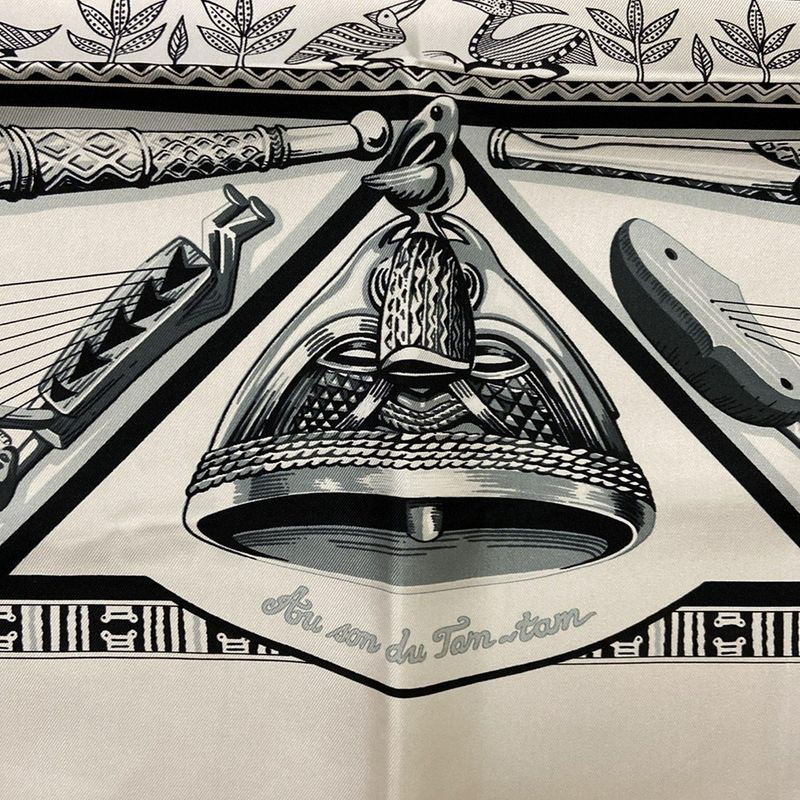 Hermes Scarf Carré 90 Ivory×black×gray Au Son Du Tam