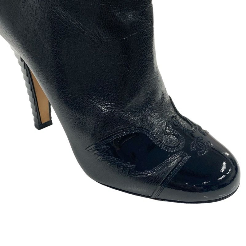 Chanel Boots Short Boots Shoes Leather Patent Black Here Mark Booties