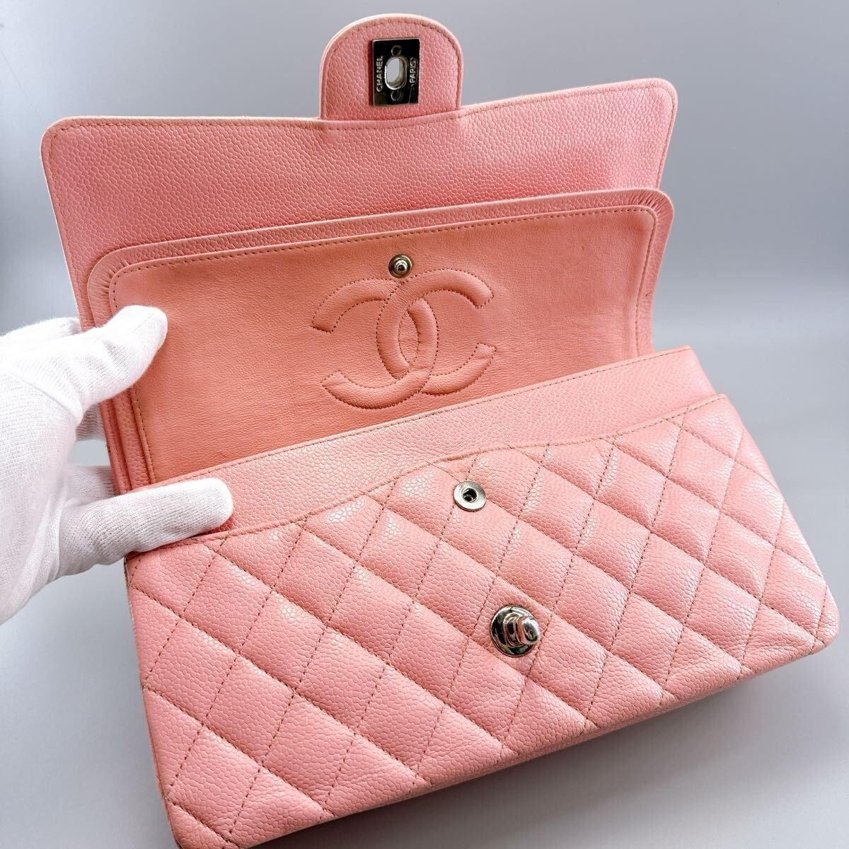 CHANEL Caviar Quilted Medium Classic Double Flap Bag Pink SHW Purse