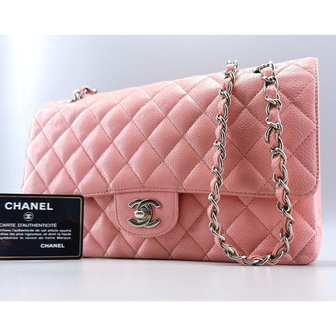 CHANEL Caviar Quilted Medium Classic Double Flap Bag Pink SHW Purse