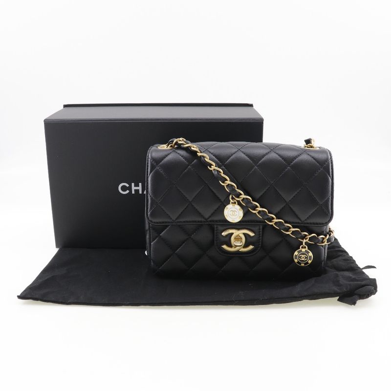 Chanel Matelasse Chain Shoulder Coco Mark Charm Calf Black Women's Shoulder Bag
