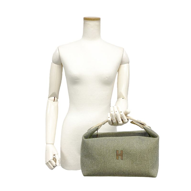 Hermes Brid A Black GM Pouch Wool Cotton Green Handbag For Bath Women